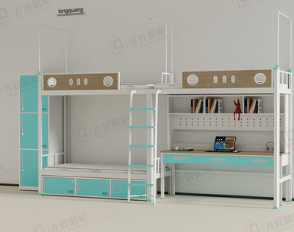 Three people climb the ladder to go up the bed, go down the table, and make the student bed up and down